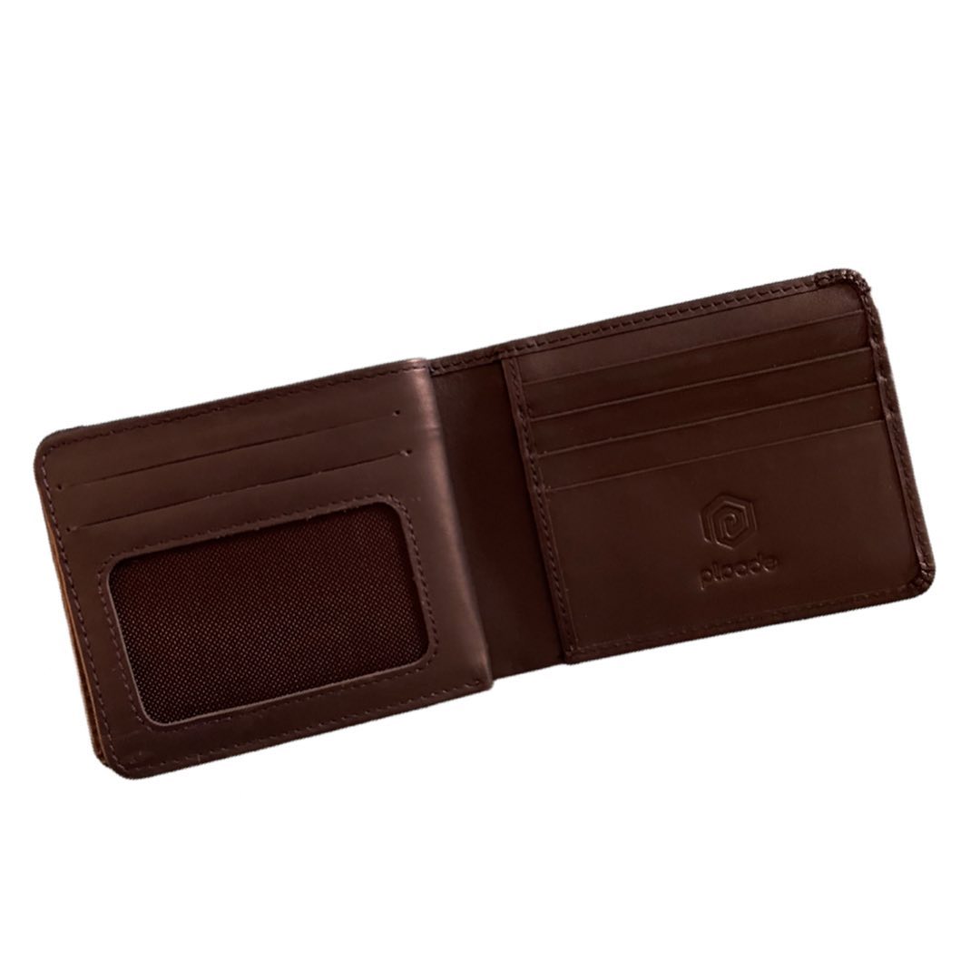 Brown leather wallet with card slots on a white background
